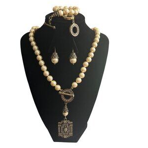 3pc Retired Heidi Daus Art Deco Cream Pearl Toggle Necklace Bracelet Earrings